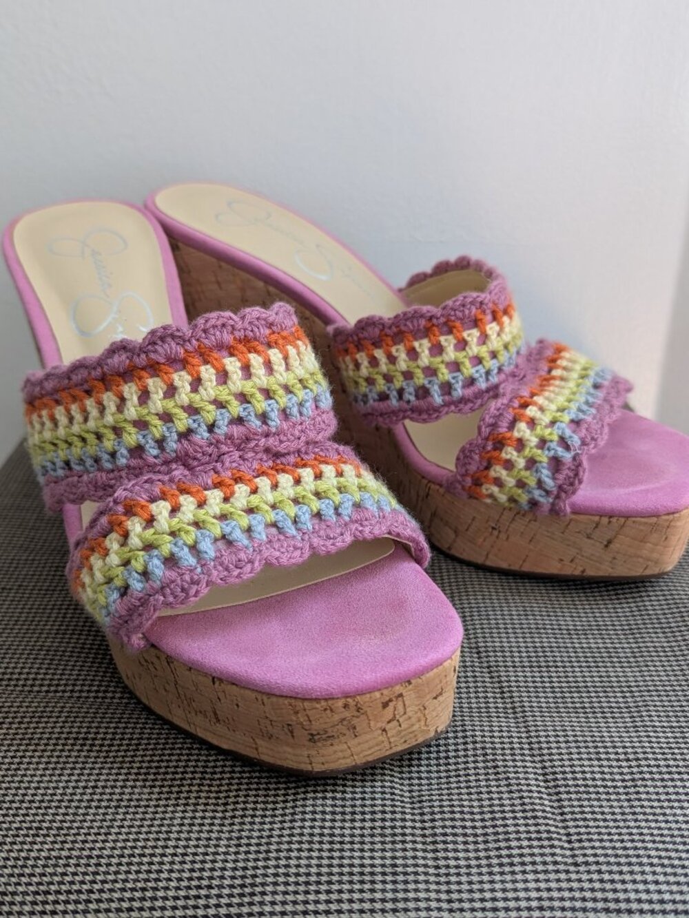 jessica simpson pink colorful crochet knit cork wedge platform sandal us 6.5